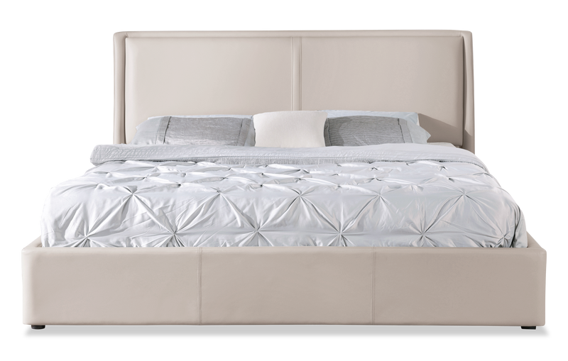 Nico Upholstered Storage Platform Bed in Vegan Leather Taupe Fabric, Hyrdraulic Lift  - King Size