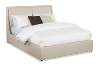 Nico Upholstered Storage Platform Bed in Vegan Leather Taupe Fabric, Hyrdraulic Lift - Queen Size