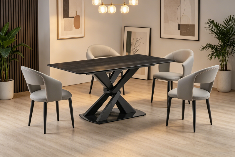 Orion 5pc Dining Set with Table & 4 Chairs, Tech Stone Top, Metal, 63\"W - Black/Grey