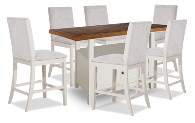 Piper 7pc Counter-Height Dining Set with Table & 6 Chairs, 60-72" Extension, Storage – White | Ensemble de salle à manger Piper 7 pièces de hauteur comptoir avec table de 60 po à 72 po (L) avec rallonge, 6 chaises et rangement - blanc