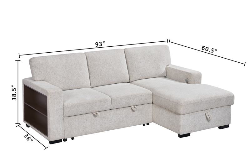 Pocket 2-piece Right-facing Linen-Look Fabric Sleeper Sectional with Storage - Beige