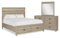 Rocco 5pc Bedroom Set with LED Lit Storage Bed, Dresser & Mirror, Light Brown - King Size 