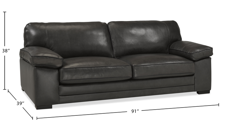 Rodeo 91” Top-Grain Genuine Leather Sofa with Removable Cushions – Charcoal