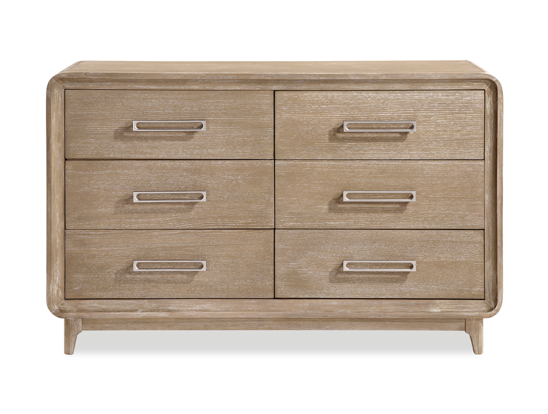 Sasha 6pc Bedroom Set with Fabric Bed, Dresser, Mirror & Nightstand, Natural Oak Brown - King Size