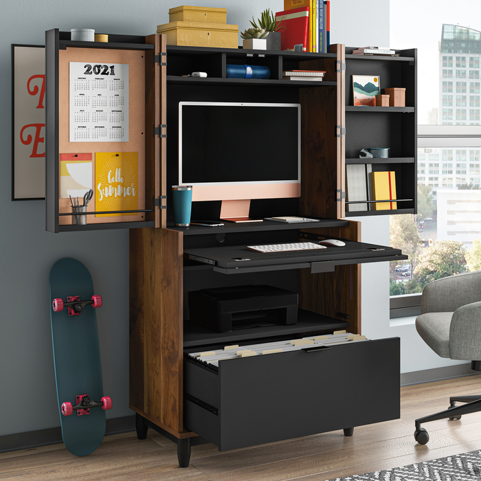 Sedgwick 30.87” 2-Door Computer Armoire Desk with Cable Management – Grand Walnut