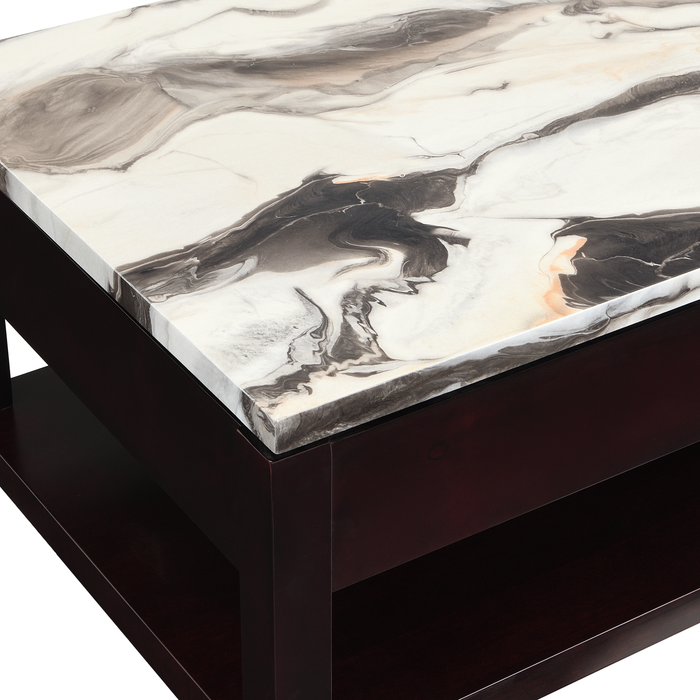 Sicily 48” Traditional Lift-Top Coffee Table with Storage and Casters – Dark Espresso with Marble Look Top