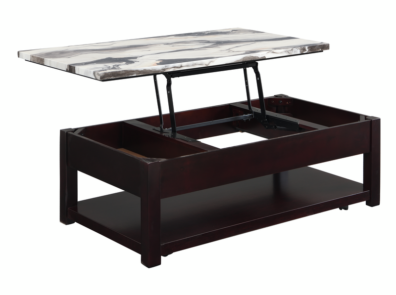 Sicily 48” Traditional Lift-Top Coffee Table with Storage and Casters – Dark Espresso with Marble Look Top