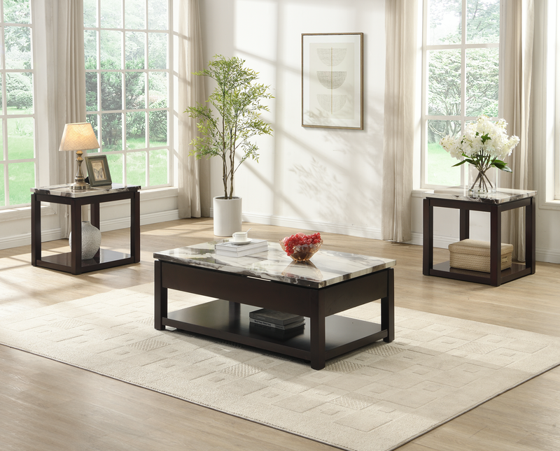 Sicily 48” Traditional Lift-Top Coffee Table with Storage and Casters – Dark Espresso with Marble Look Top