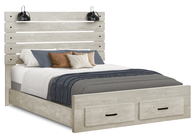 Soren Platform Storage Bed with Slat Headboard & Frame, Built-In LED, Bleached Oak - Queen Size