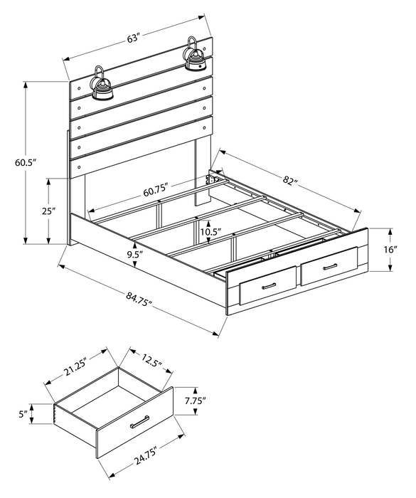 Soren Platform Storage Bed with Slat Headboard & Frame, Built-In LED, Bleached Oak - Queen Size