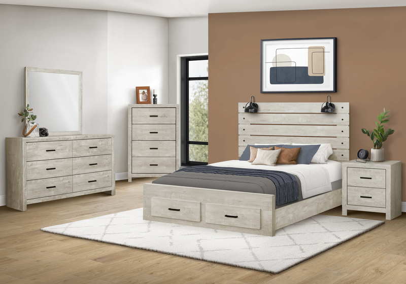 Soren Platform Storage Bed with Slat Headboard & Frame, Built-In LED, Bleached Oak - Queen Size