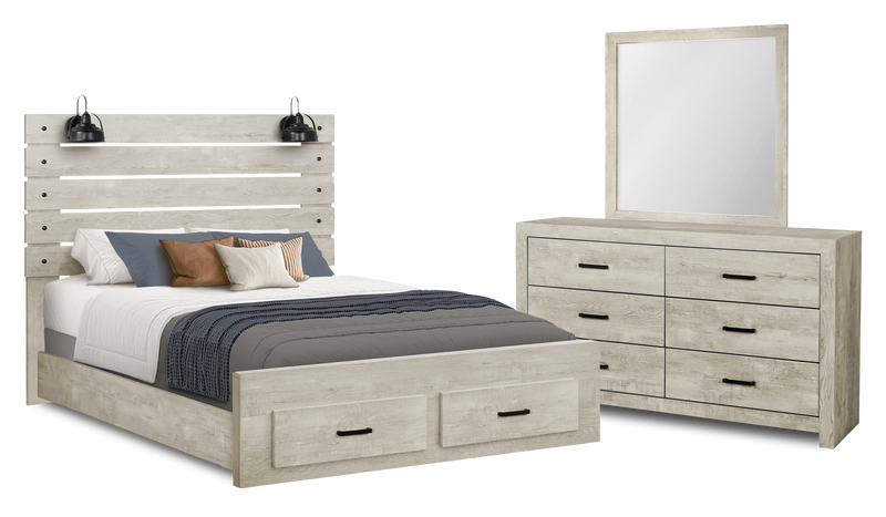 Soren 5pc Bedroom Set with Slat Storage Bed, Dresser & Mirror, LED, Bleached Oak - Queen 