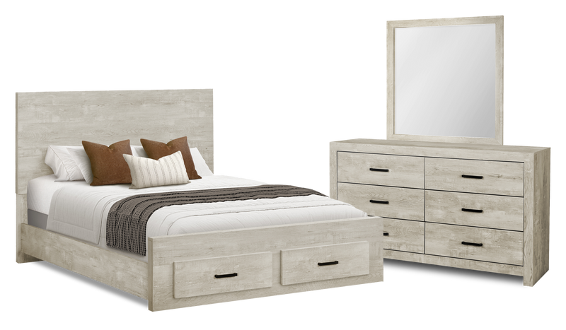 Soren 5pc Bedroom Set with Storage Bed, Dresser & Mirror, Bleached Oak - Queen Size