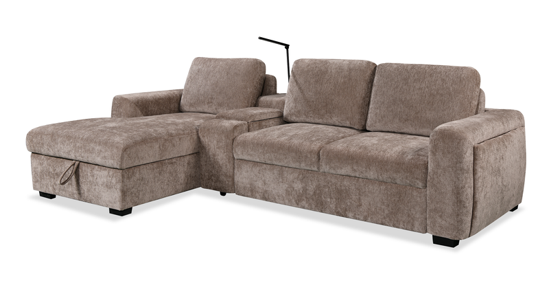 Sunset Linen-Look Fabric Left-Facing Sleeper Sectional with Storage and Built-In LED Lighting – Taupe