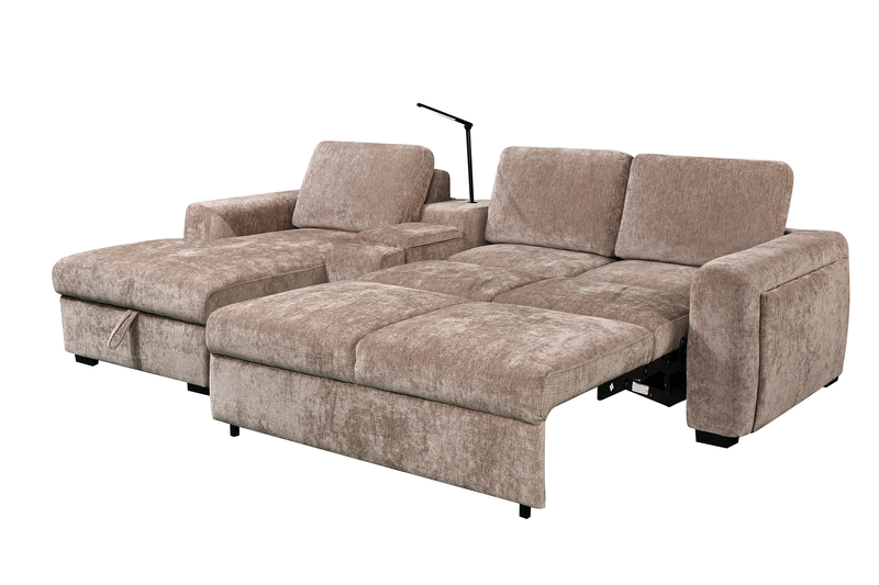 Sunset Linen-Look Fabric Left-Facing Sleeper Sectional with Storage and Built-In LED Lighting – Taupe