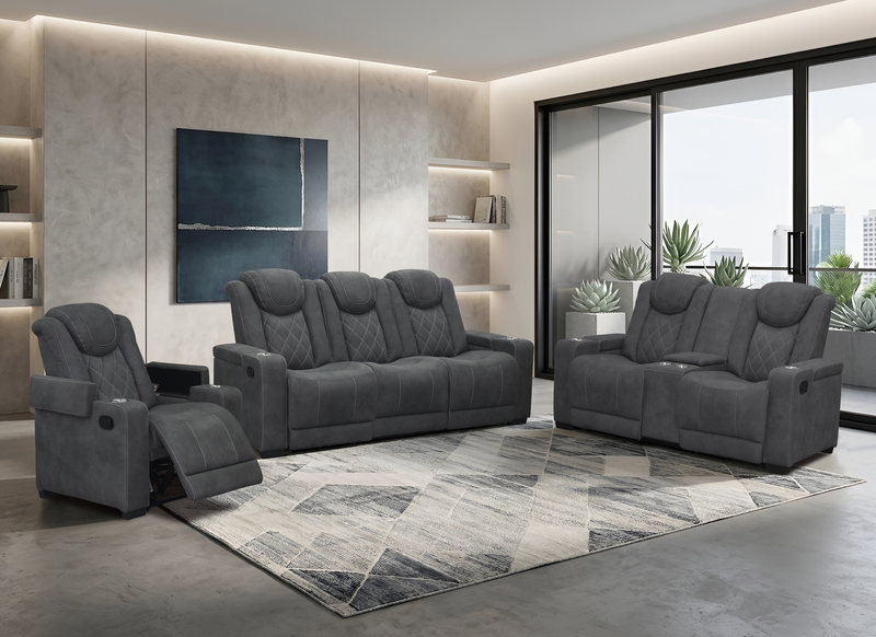Venture 83.5” Faux Suede Reclining Sofa with Storage, Cupholders, and USB Port - Grey