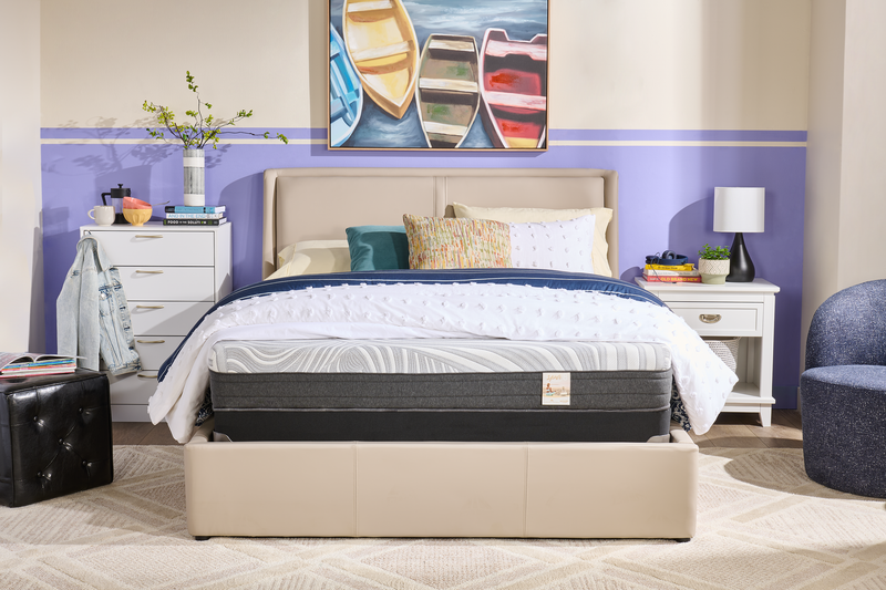 Nico Upholstered Storage Platform Bed in Vegan Leather Taupe Fabric, Hyrdraulic Lift  - Queen Size