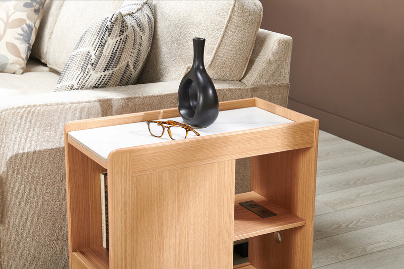 Liam 23.5\" Accent Table with Sintered Stone Top and Drawer– Harvest Oak 