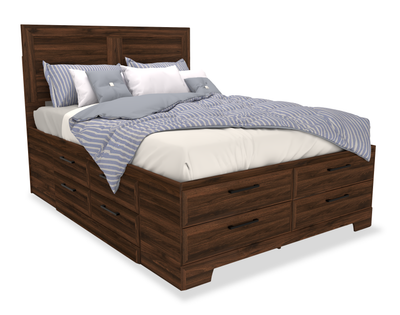 Yorkdale 12-Drawer Platform Bed with Headboard & Storage Frame, Made in Canada, Walnut Brown- Full Size | Lit plateforme Yorkdale fabriqué au Canada avec tête de lit et cadre de rangement à 12 tiroirs, brun noyer- format lit double | YOROFSBD