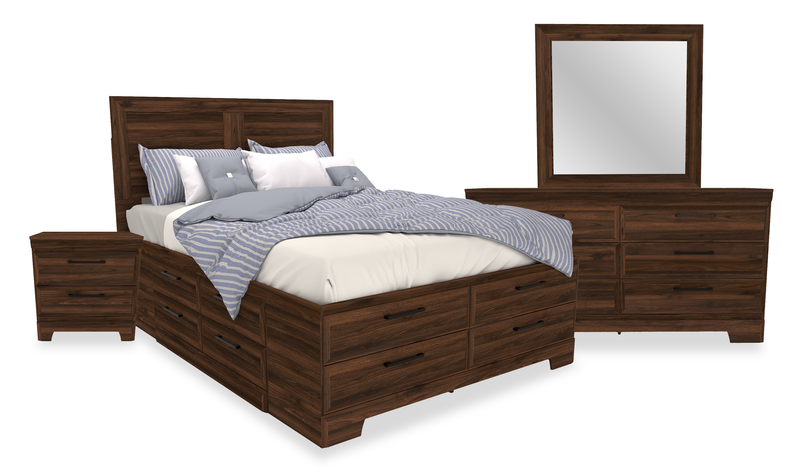 Yorkdale 6pc Set,12-Drawer Storage, Dresser, Mirror & Nightstand, Walnut Brown - Full Size