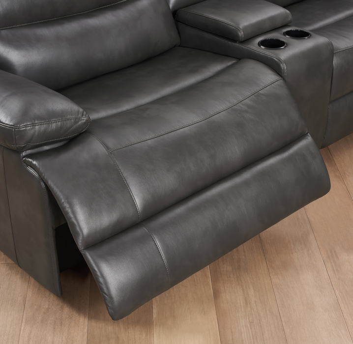 Zayne 6-Piece Leather-Look Fabric Power Reclining Sectional with Storage Console and USB Charging Ports – Grey