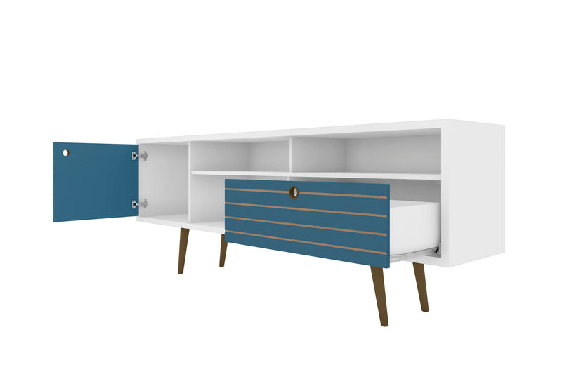 Manhattan Comfort Liberty 70.86\" Mid-Century Modern TV Stand with 4 Shelving Spaces & 1 Drawer - White & Aqua Blue