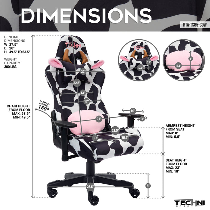 Techni Sport TS85 Cow Print Luxx Series Office Gaming Chair - Black