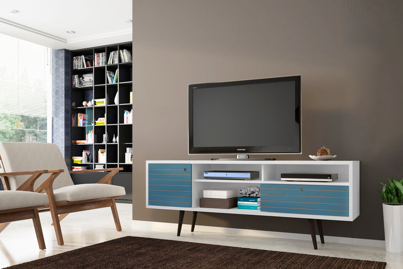 Manhattan Comfort Liberty 70.86\" Mid-Century Modern TV Stand with 4 Shelving Spaces & 1 Drawer - White & Aqua Blue