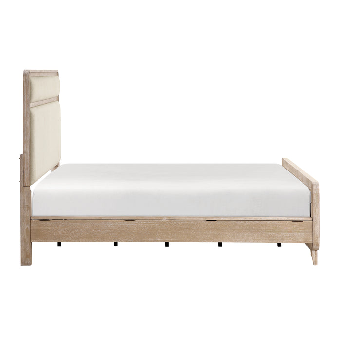 Sasha Panel Bed with Fabric Headboard & Footboard, Natural Oak Brown - Queen Size