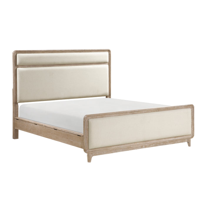 Sasha Panel Bed with Fabric Headboard & Footboard, Natural Oak Brown - Queen Size