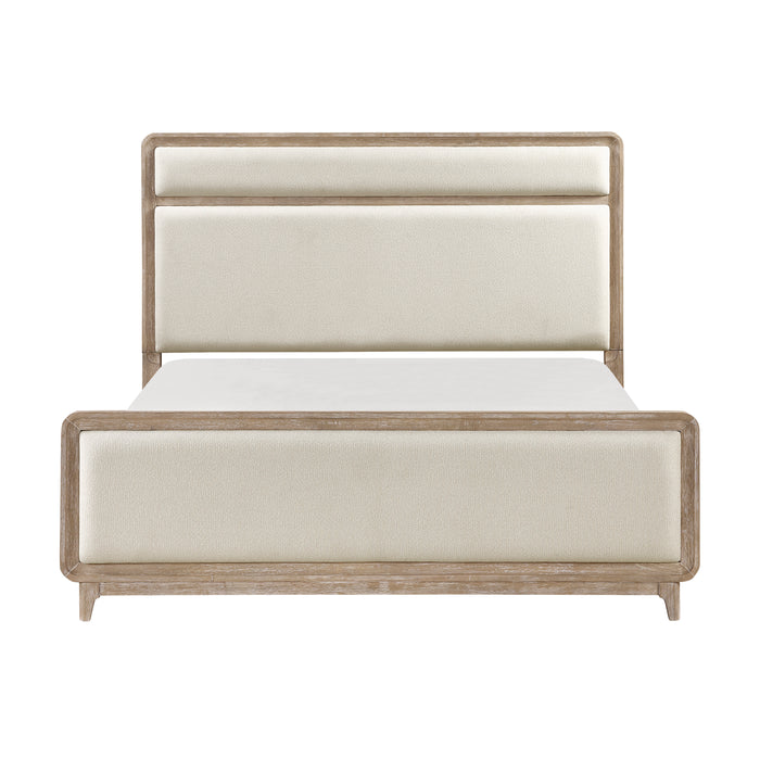 Sasha Panel Bed with Fabric Headboard & Footboard, Natural Oak Brown - Queen Size