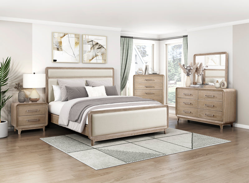 Sasha Panel Bed with Fabric Headboard & Footboard, Natural Oak Brown - Queen Size