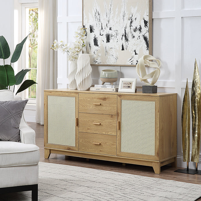 Manhattan Comfort Sheridan 59.05” Modern Cane Sideboard with Adjustable Shelves - Natural