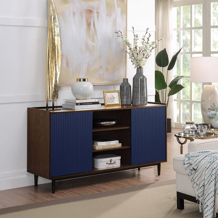 Manhattan Comfort Duane 59.05” Modern Ribbed Sideboard with Adjustable Shelves - Dark Brown & Navy