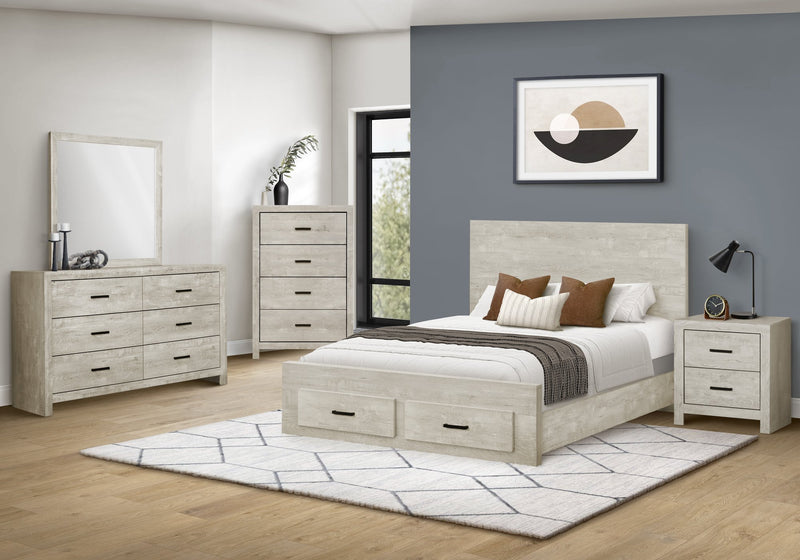 Soren 5pc Bedroom Set with Storage Bed, Dresser & Mirror, Bleached Oak - Queen Size