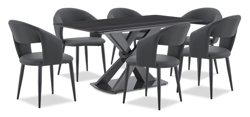 Orion 7pc Dining Set with Table & 6 Chairs, Tech Stone Top, Metal, 63\"W - Black/Charcoal