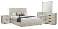 Soren 6pc Bedroom Set with Panel Bed, Dresser, Mirror & Nightstand, Bleached Oak - Queen Size 