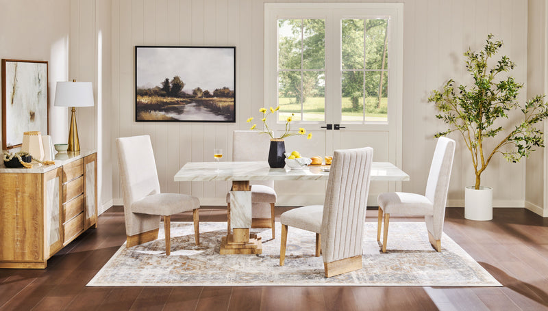 Vega 5pc Dining Set with Table & 4 Chairs, Marble Look, Pedestal Base, 82\"W - Natural & White