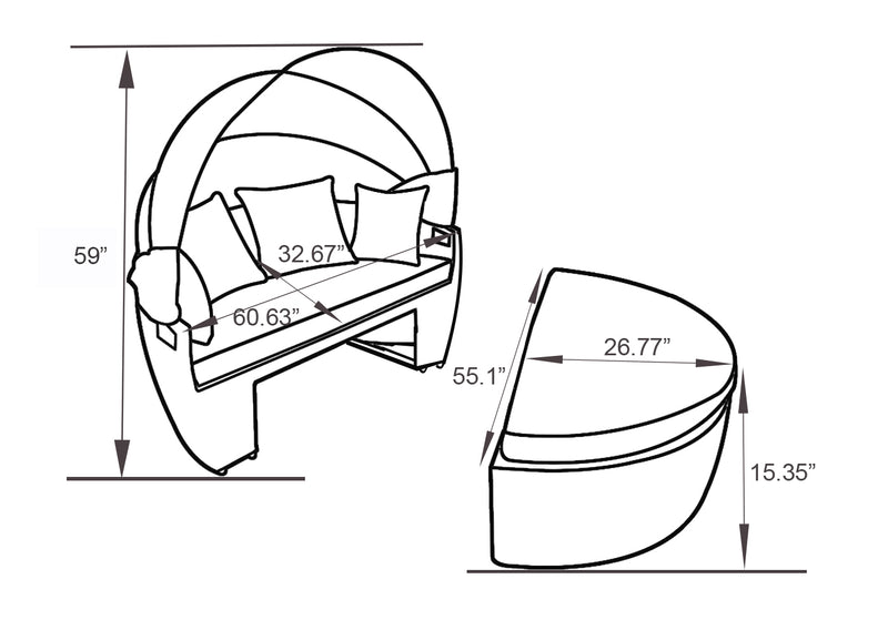 Capri 2-Piece Canopy Outdoor Patio Conversation Set with Canopy Daybed, Semi-Circle Ottoman & 4 Throw Pillows - Hand-Woven Resin Wicker, UV & Weather Resistant - Grey