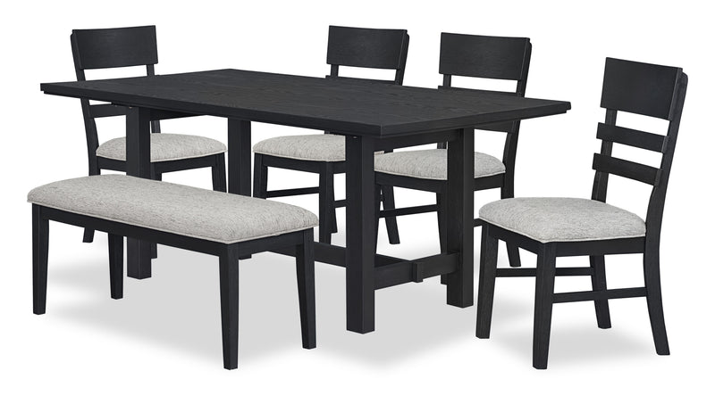 Trove 6pc Dining Set with Table, Bench and 4 Chairs, 72”W – Black 