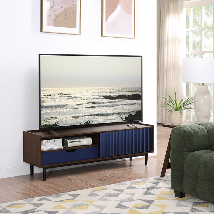 Manhattan Comfort Duane 59.25\" Modern Ribbed TV Stand - Dark Brown & Navy Blue