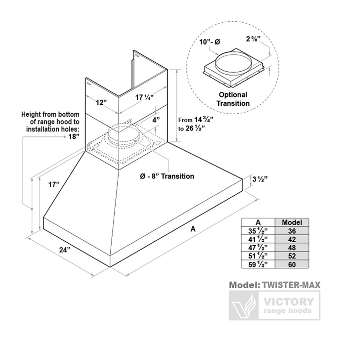 Victory 36\" 1200 CFM Wall Mount Range Hood Stainless Steel - Twister-MAX-36