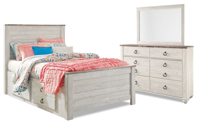 Willowton 5pc Bedroom Set with Platform Storage Bed, Dresser & Mirror, Whitewash - Full Size