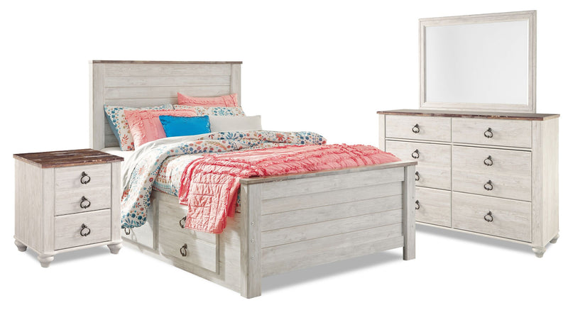 Willowton 6pc Bedroom Set with Platform Storage Bed, Dresser, Mirror & Nightstand, Whitewash - Full 