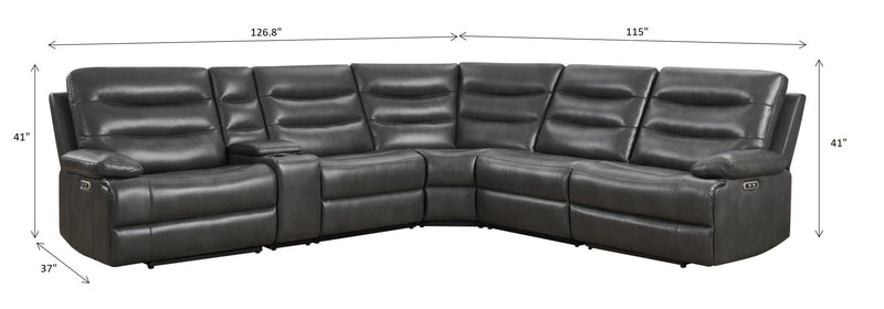 Zayne 6-Piece Leather-Look Fabric Power Reclining Sectional with Storage Console and USB Charging Ports – Grey