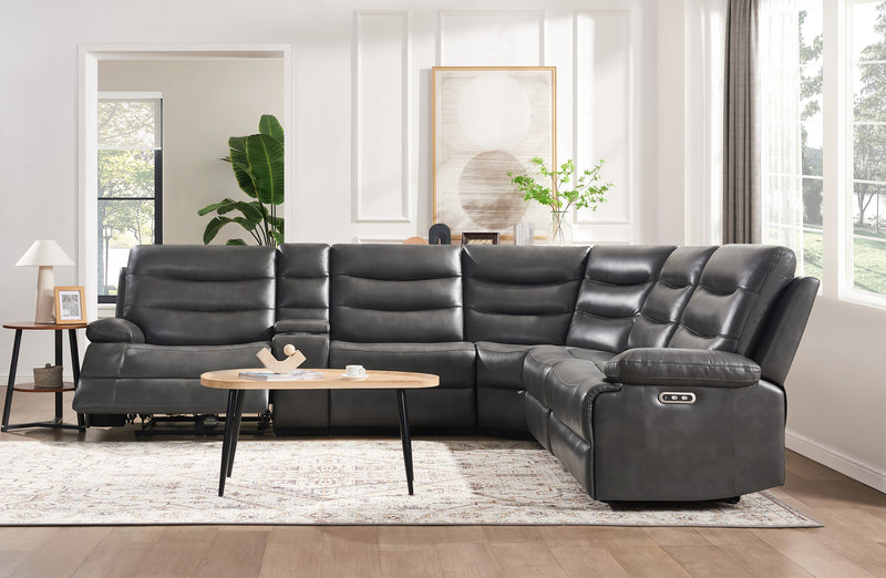 Zayne 6-Piece Leather-Look Fabric Power Reclining Sectional with Storage Console and USB Charging Ports – Grey