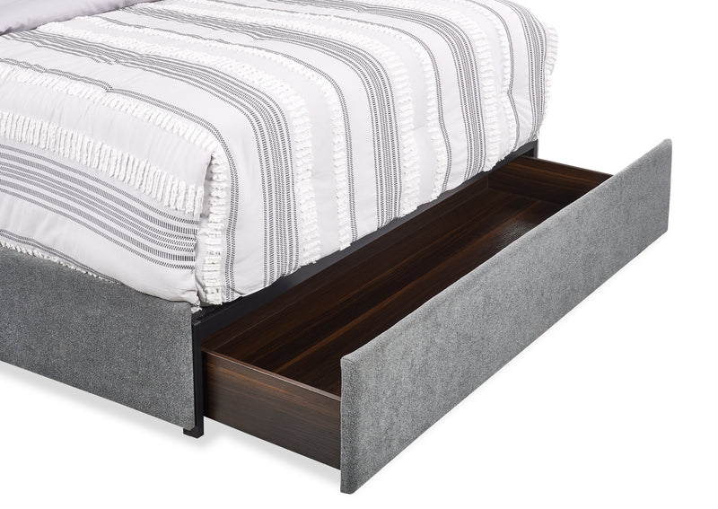 Amos Upholstered Storage Bed in Charcoal Fabric with Channelled Headboard & 3 Built-in Drawers - Queen Size