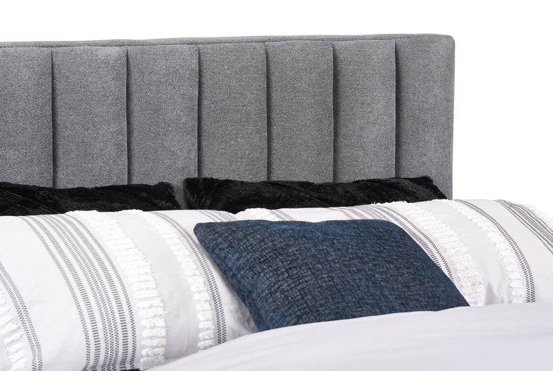 Amos Upholstered Storage Bed in Charcoal Fabric with Channelled Headboard & 3 Built-in Drawers - Queen Size