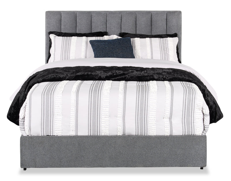 Amos Upholstered Storage Bed in Charcoal Fabric with Channelled Headboard & 3 Built-in Drawers - Queen Size