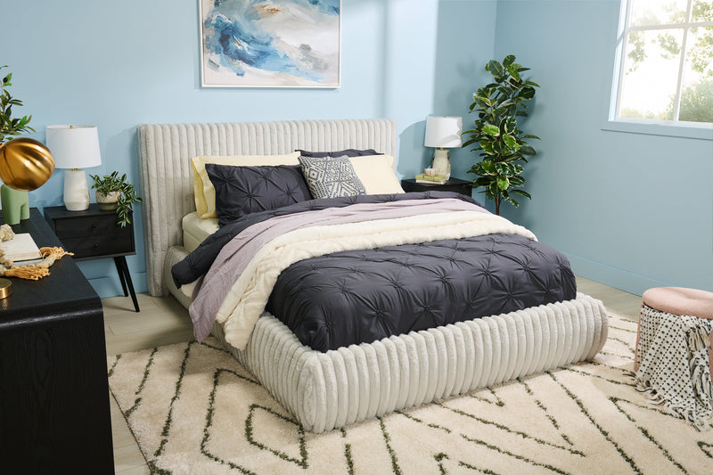 Aria Upholstered Platform Bed in Grey Fabric, Tufted - Queen Size